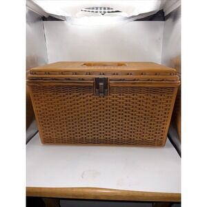 Vintage MCM Sewing Box Wilson Wil-Hold Wicker Basket Design Loaded With Notions